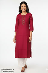 Maroon Embroidered Rayon Straight Kurta for Women