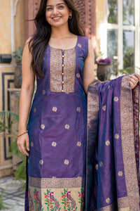 Women Purple Banarasi Silk Sleeveless Paithani Suit | Peacock Zari Work Straight Kurta Pant Dupatta Set ATL1001