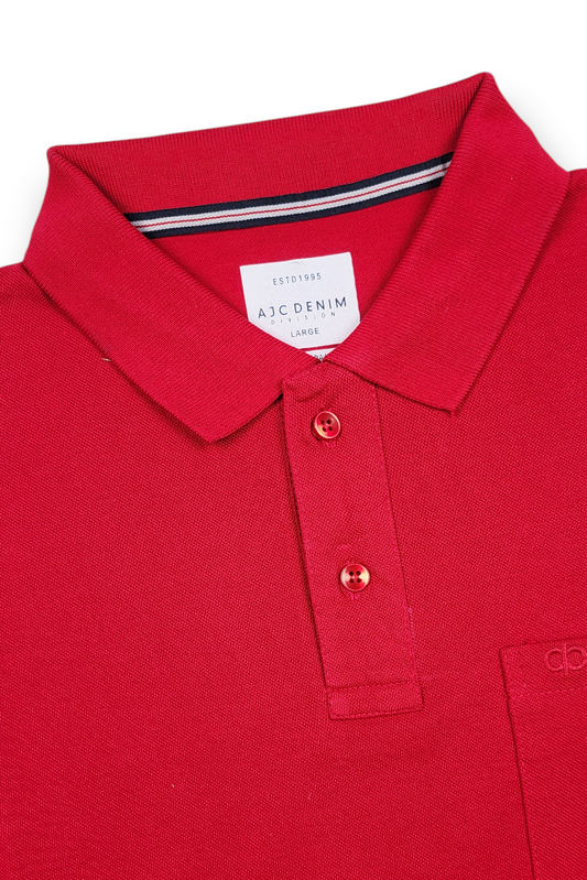Men Red Cotton Polo T-Shirt with Pocket - Casual Short Sleeve Slim Fit 8622