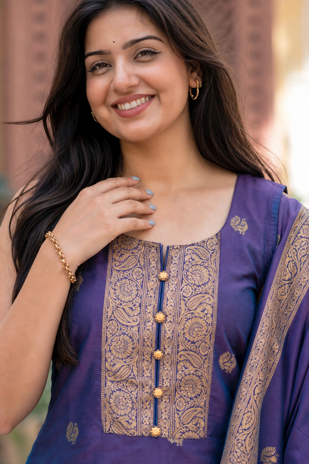 Women Purple Banarasi Silk Sleeveless Paithani Suit | Peacock Zari Work Straight Kurta Pant Dupatta Set ATL1001