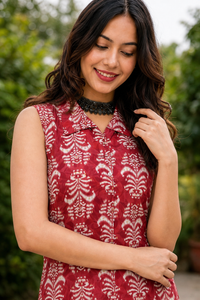 Women Onion & Maroon Ikat Printed Sleeveless Kurta & Plazo Coord Set SHALINI-285