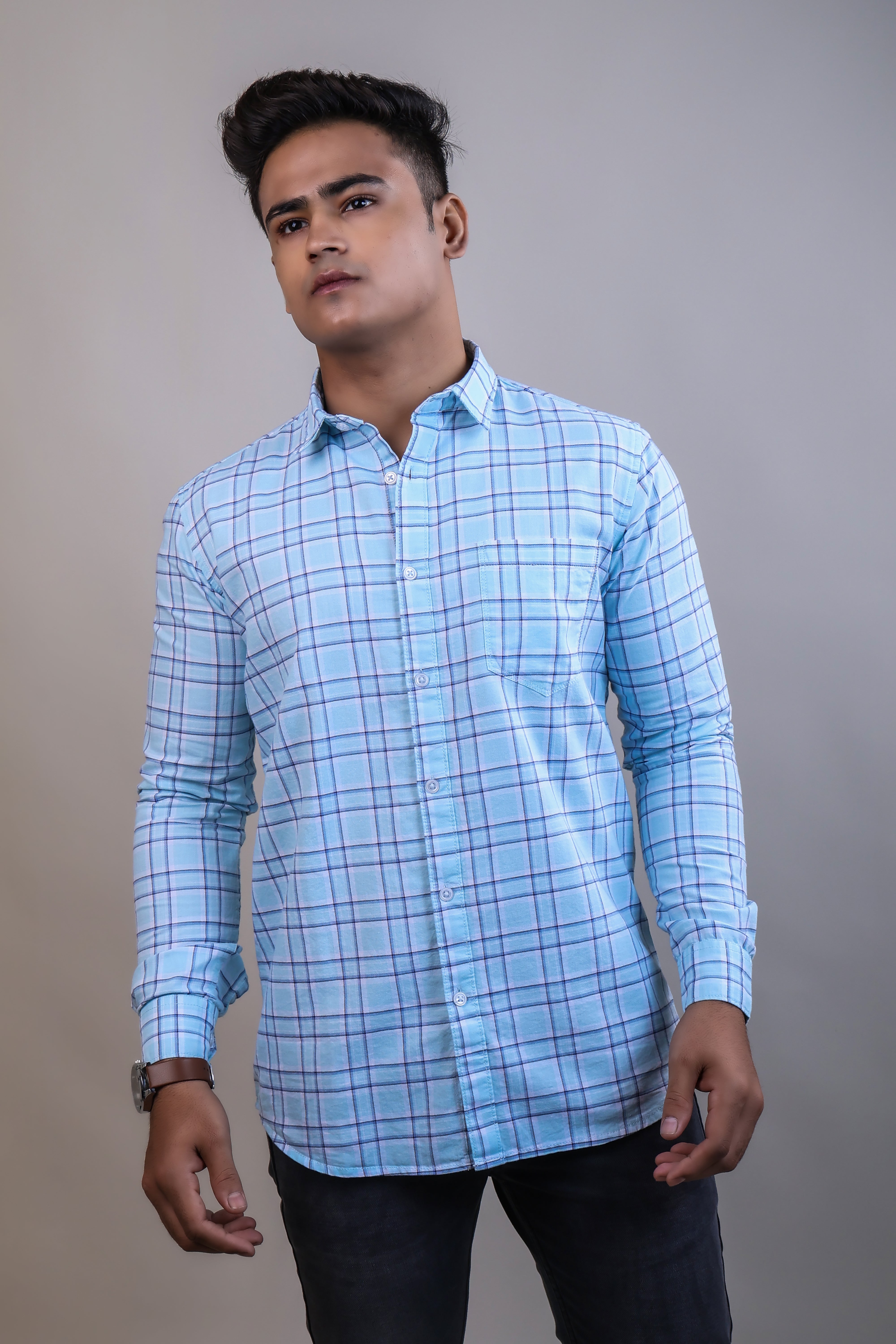 Skyblue color color checks casual shirt shirt for casual wear.