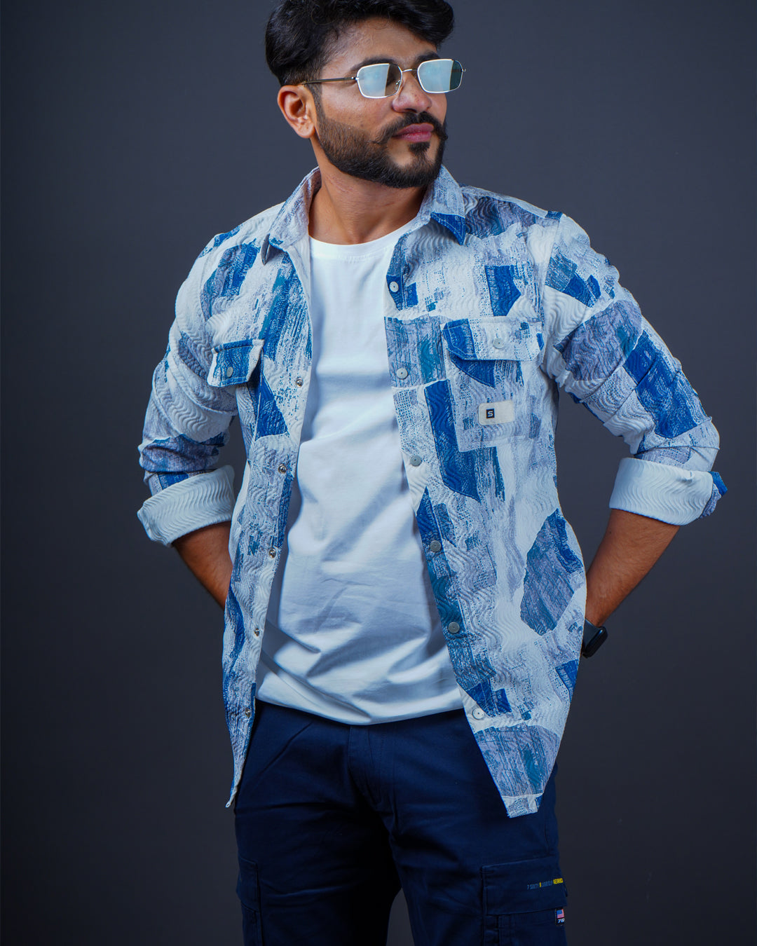 BLUE-WHITE COLOR PRINTED CASUAL SHIRT