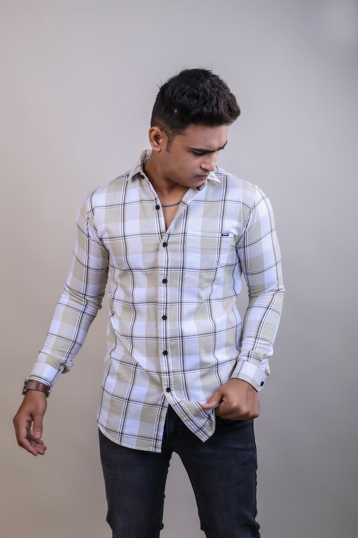 Beige color color checks casual shirt shirt for casual wear.