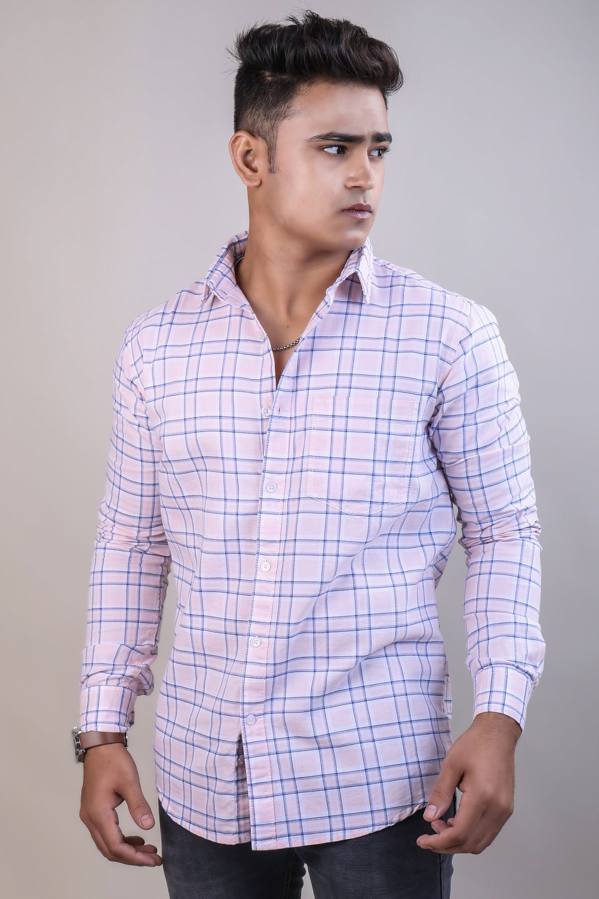 Pink color color checks casual shirt shirt for casual wear.