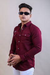 WINE COLOR  DENIM PLAIN CASUAL SHIRT