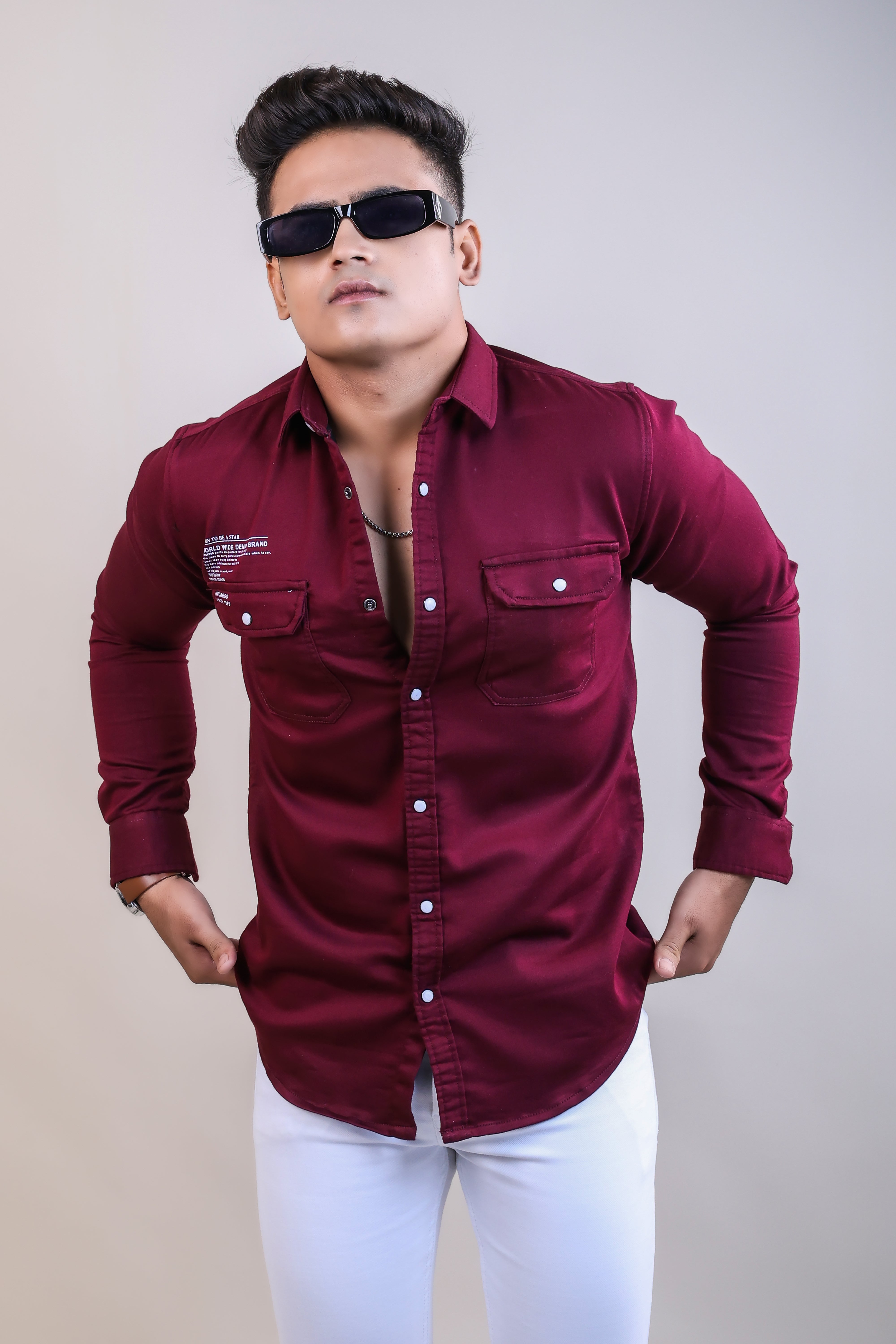 Wine color color denim plain casual shirt shirt for casual wear.