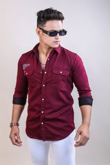 WINE COLOR  DENIM PLAIN CASUAL SHIRT