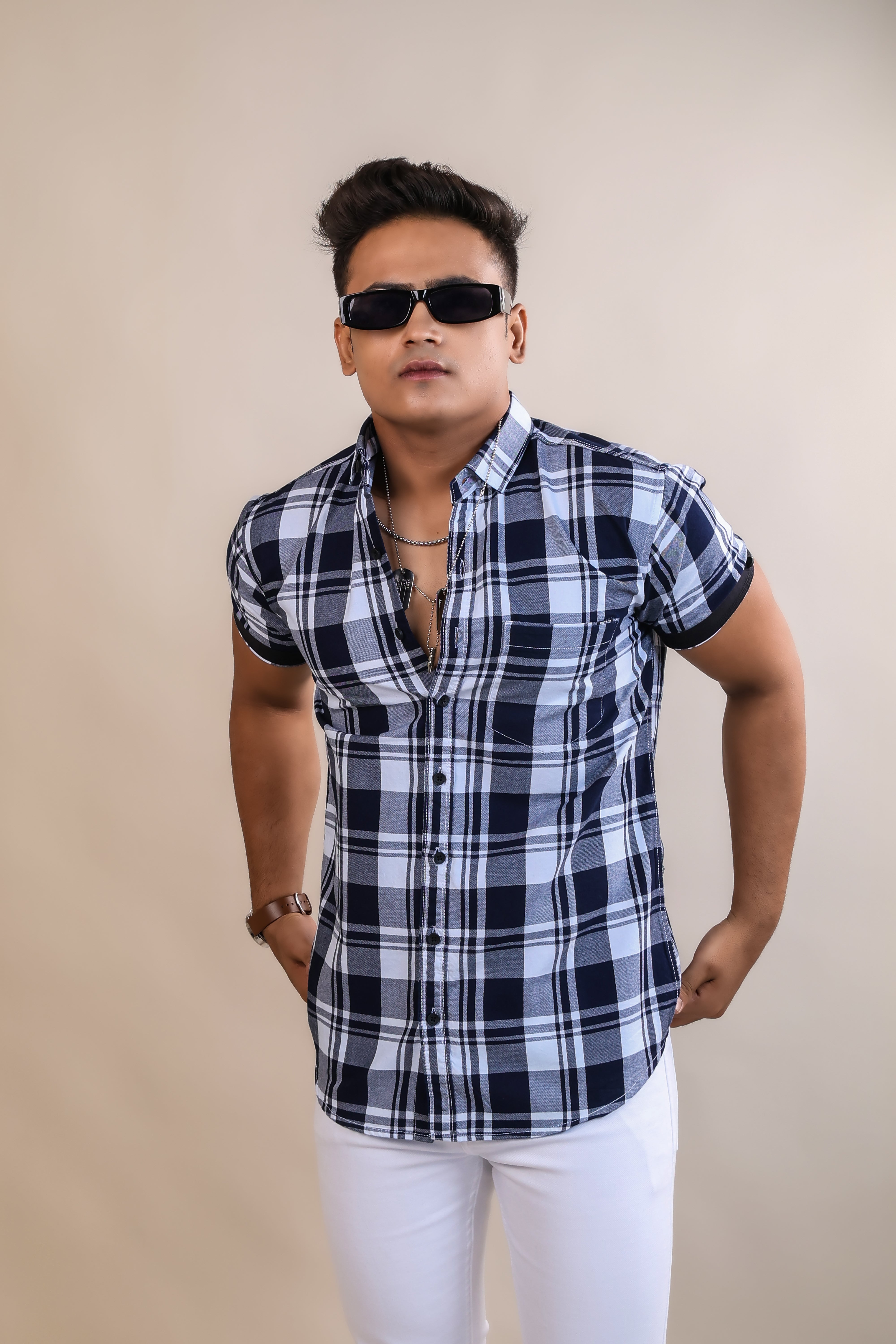 NAVY BLUE COLOR CHECKS HALF SLEEVE CASUAL SHIRT