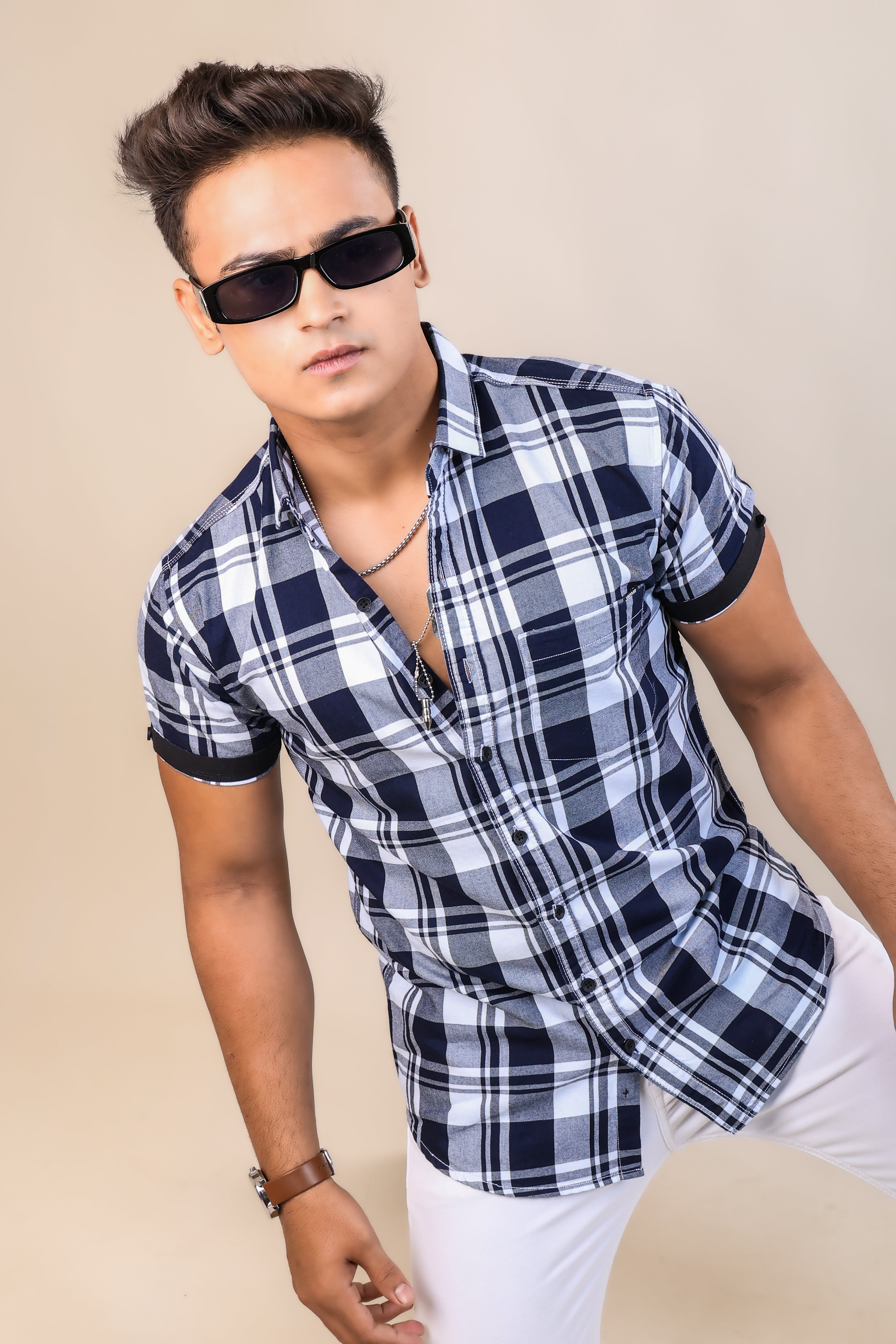 NAVY BLUE COLOR CHECKS HALF SLEEVE CASUAL SHIRT