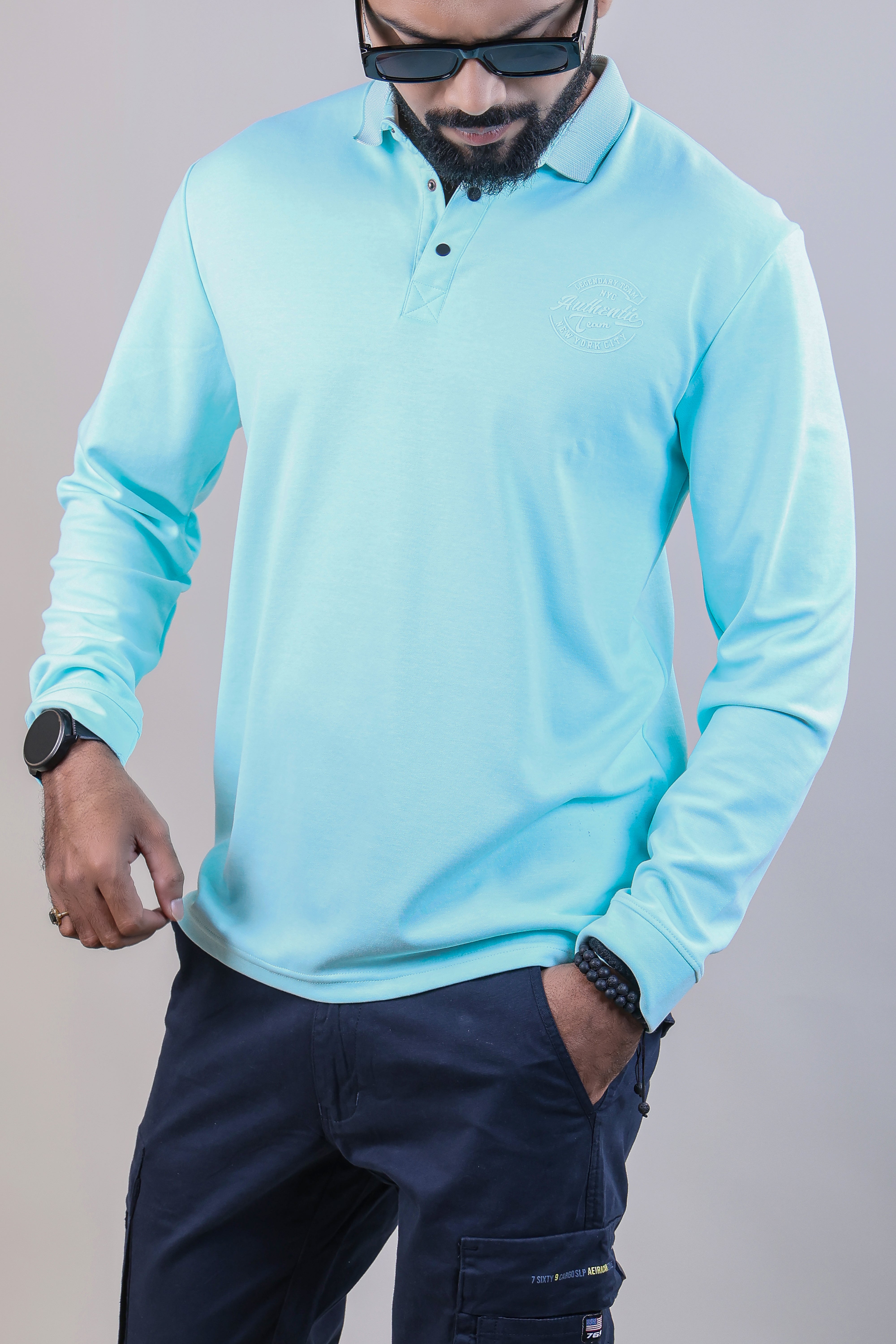 Firozi color collar full sleeve plain t-shirt for men