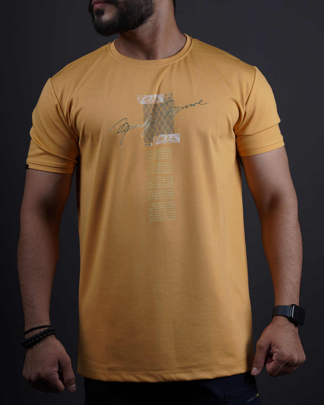 Mustard color round neck matter t-shirt for men