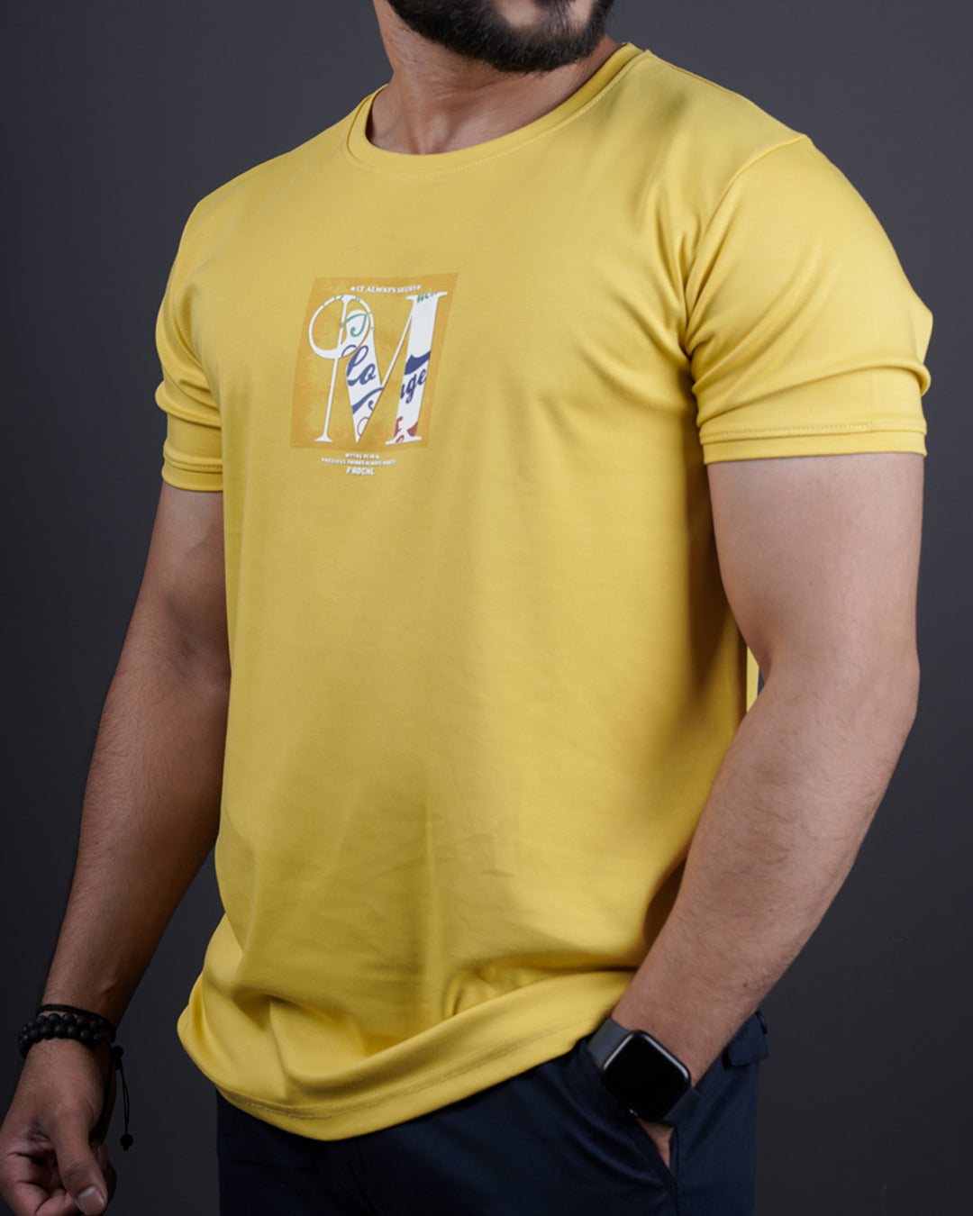 Yellow color round neck matter t-shirt for men