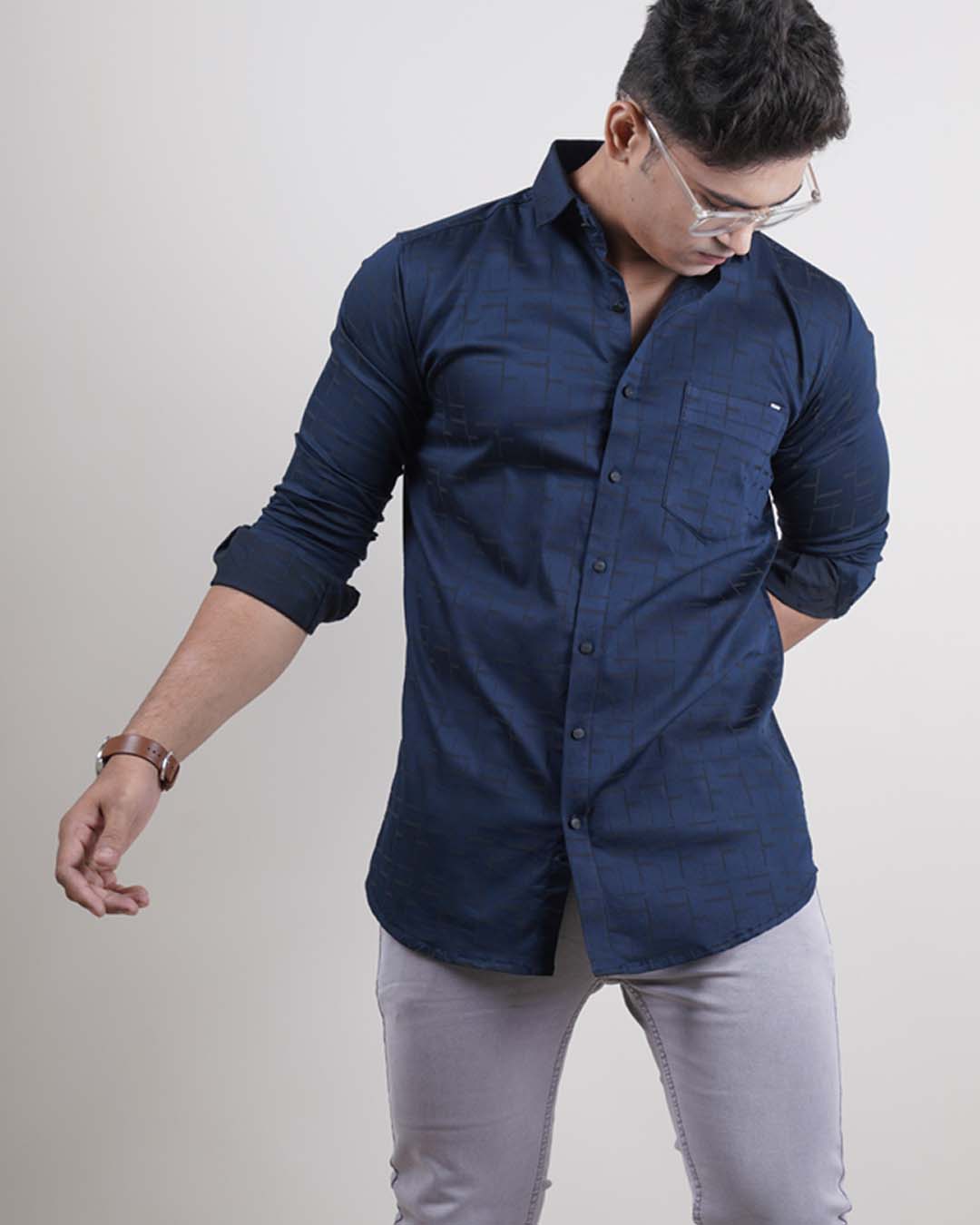 NAVY BLUE COLOR PRINTED LYCRA CASUAL SHIRT