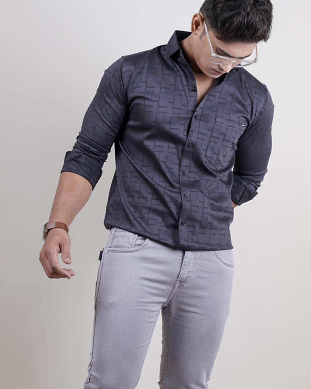 GREY COLOR PRINTED LYCRA CASUAL SHIRT