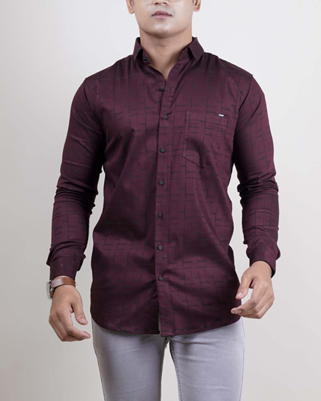 Wine color color printed lycra casual shirt shirt for casual wear.