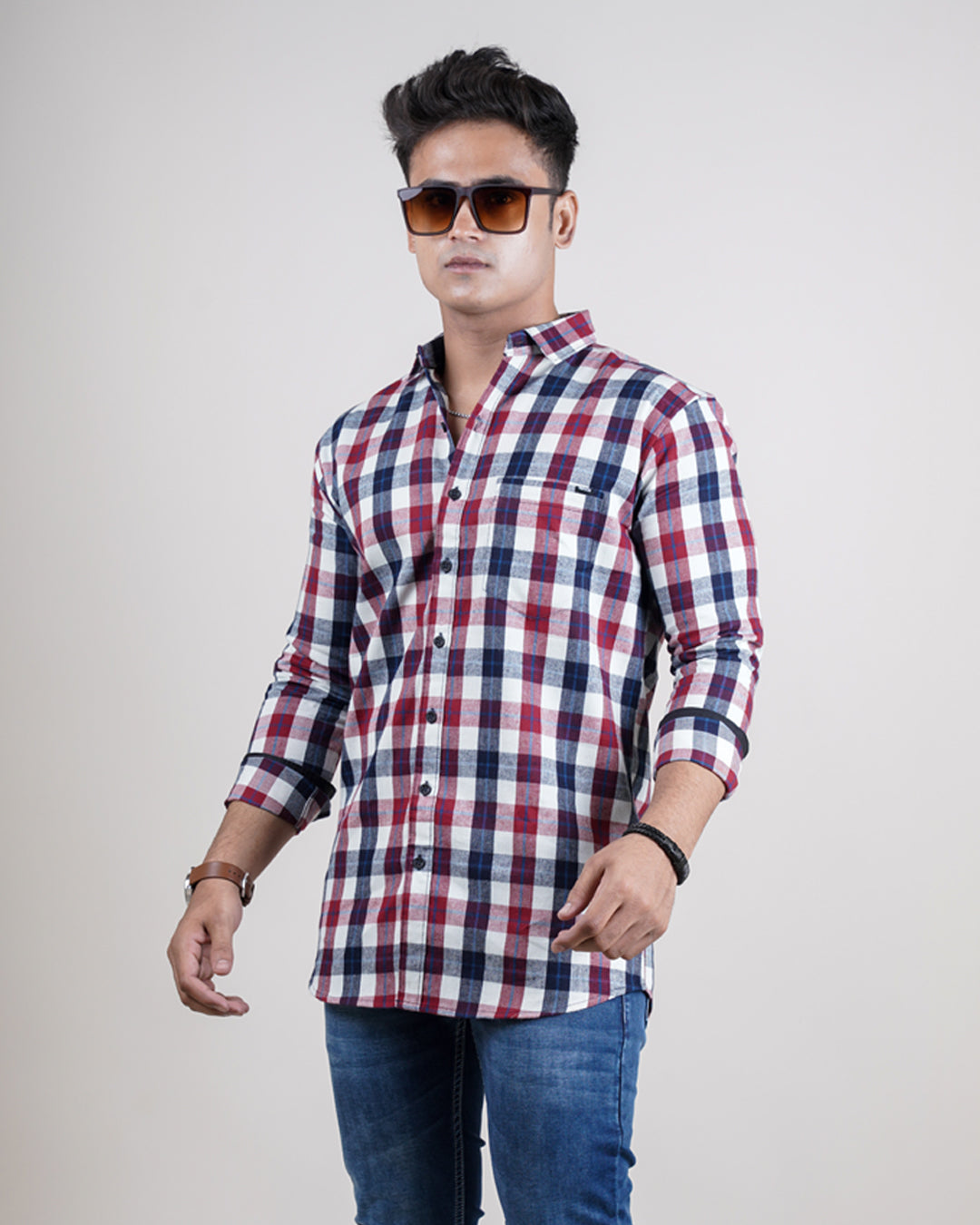Red-wine color color checks casual shirt shirt for casual wear.