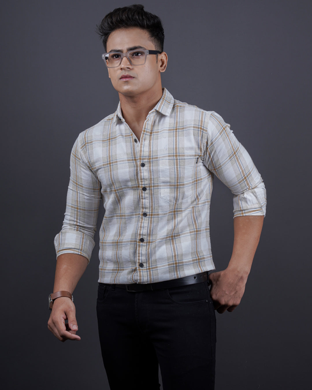 FAWN-WHITE COLOR CHECKS CASUAL SHIRT