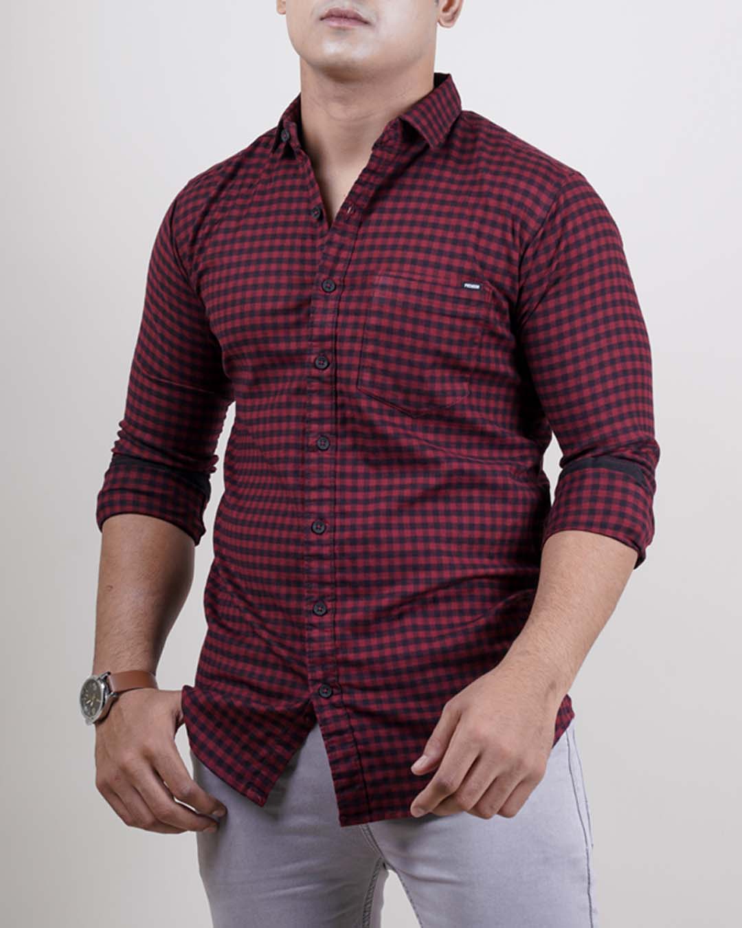 MAROON COLOR CHECKS CASUAL SHIRT