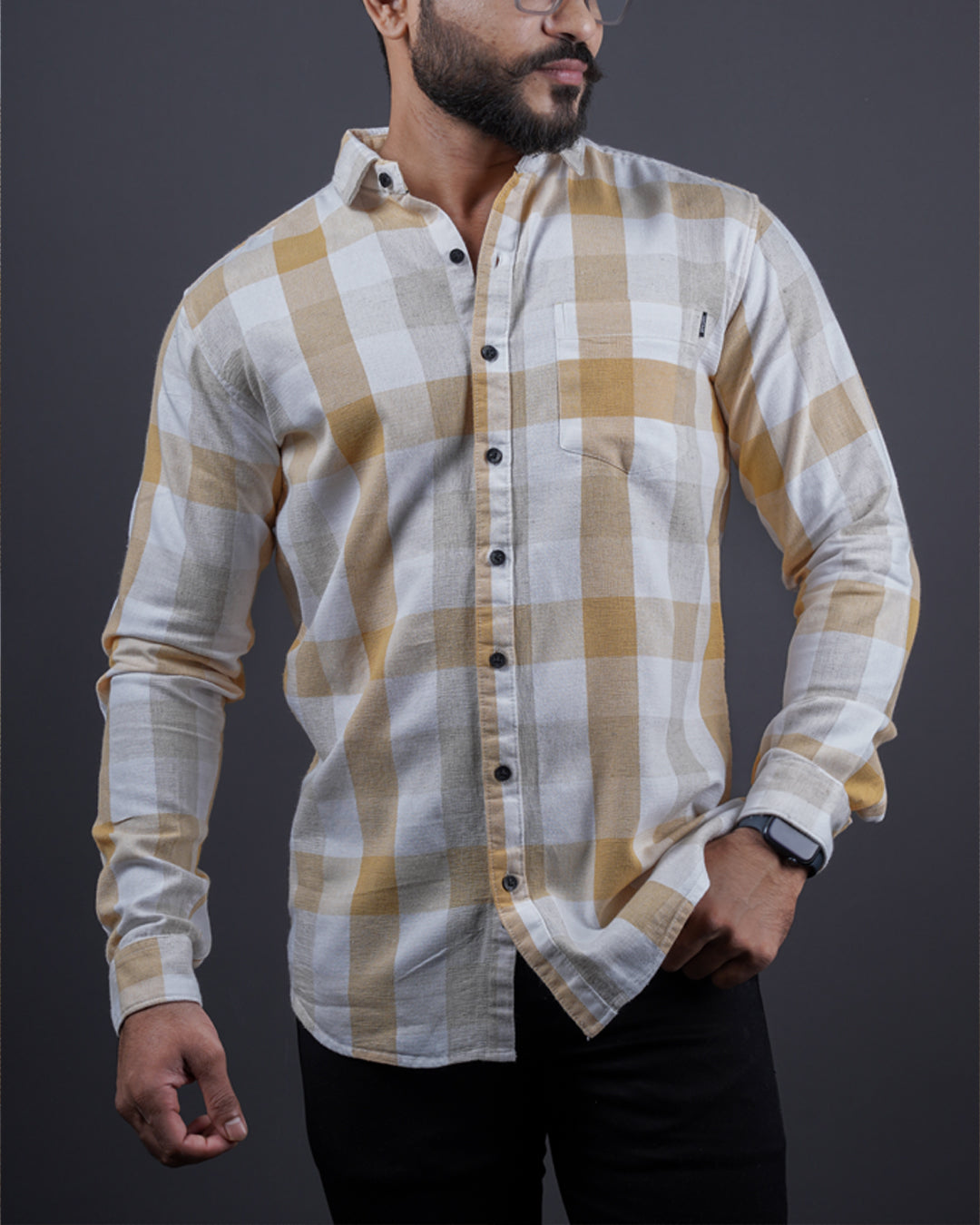 Mustard color color checks casual shirt shirt for casual wear.