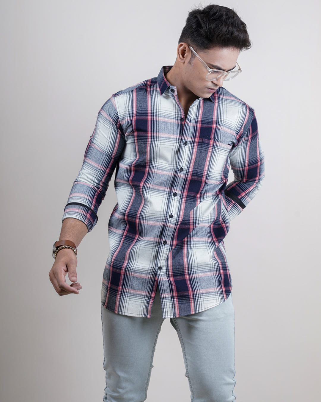 Blue-peach color color checks casual shirt shirt for casual wear.