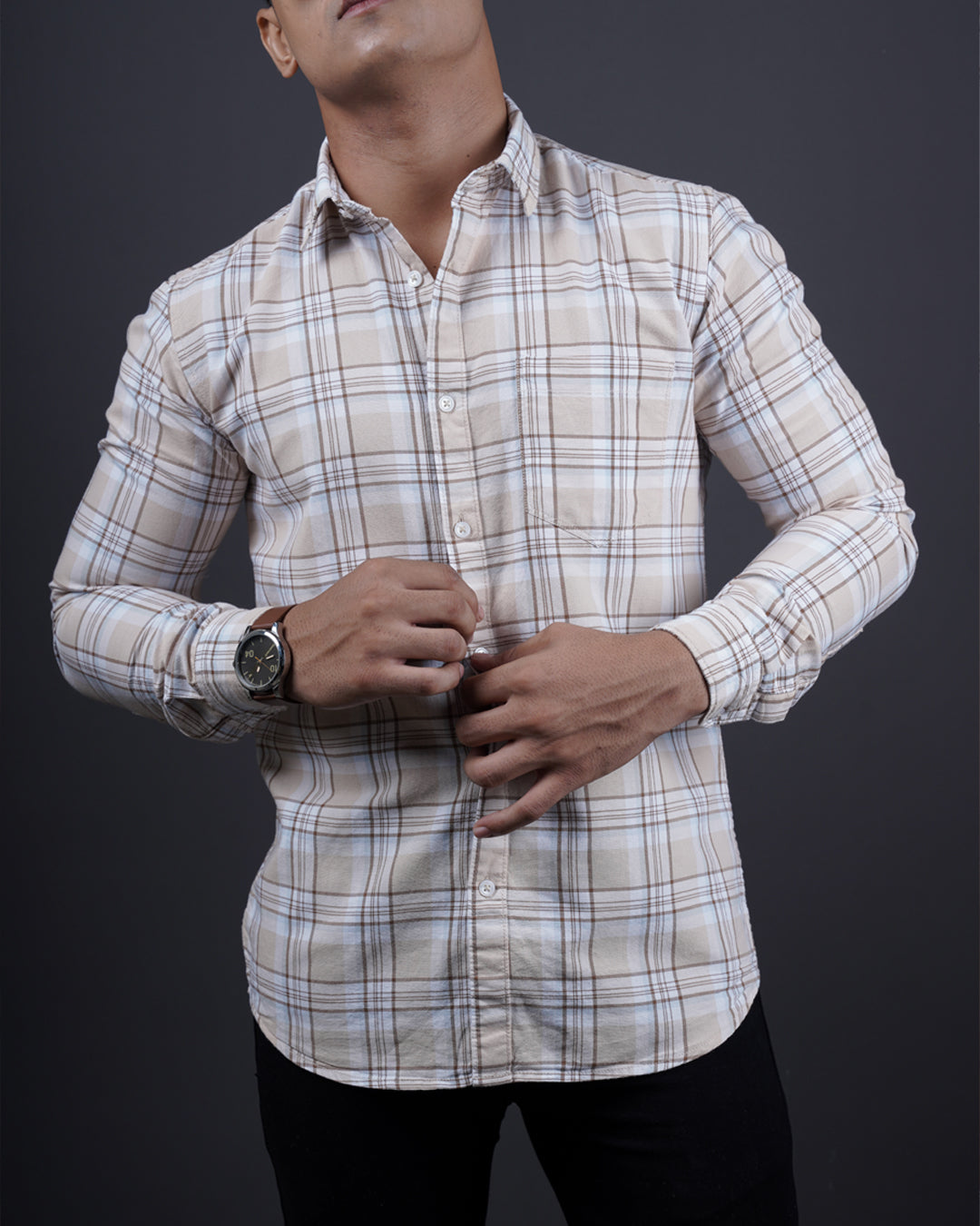 Fawn color color checks casual shirt shirt for casual wear.