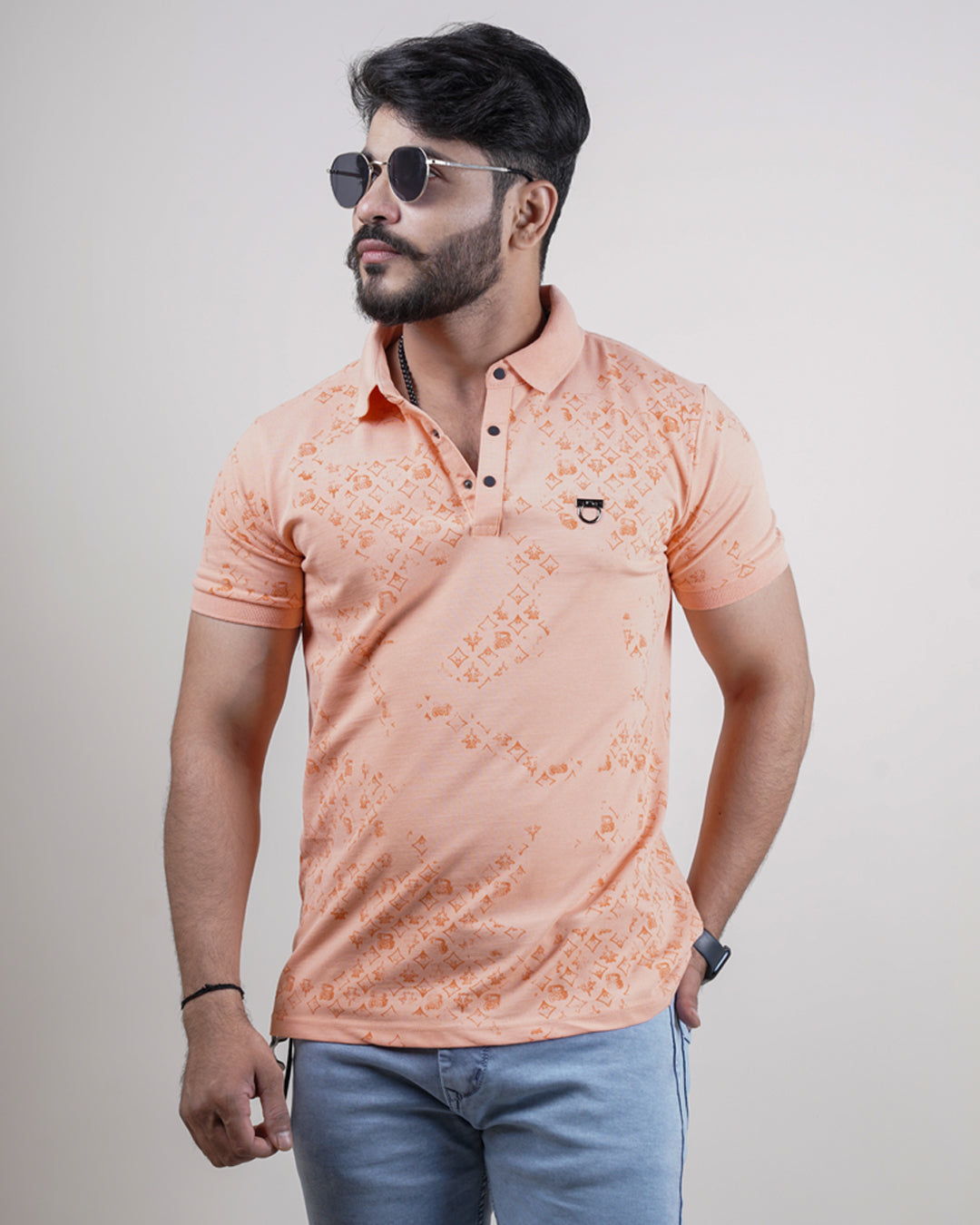 Peach color printed collar t-shirt for men