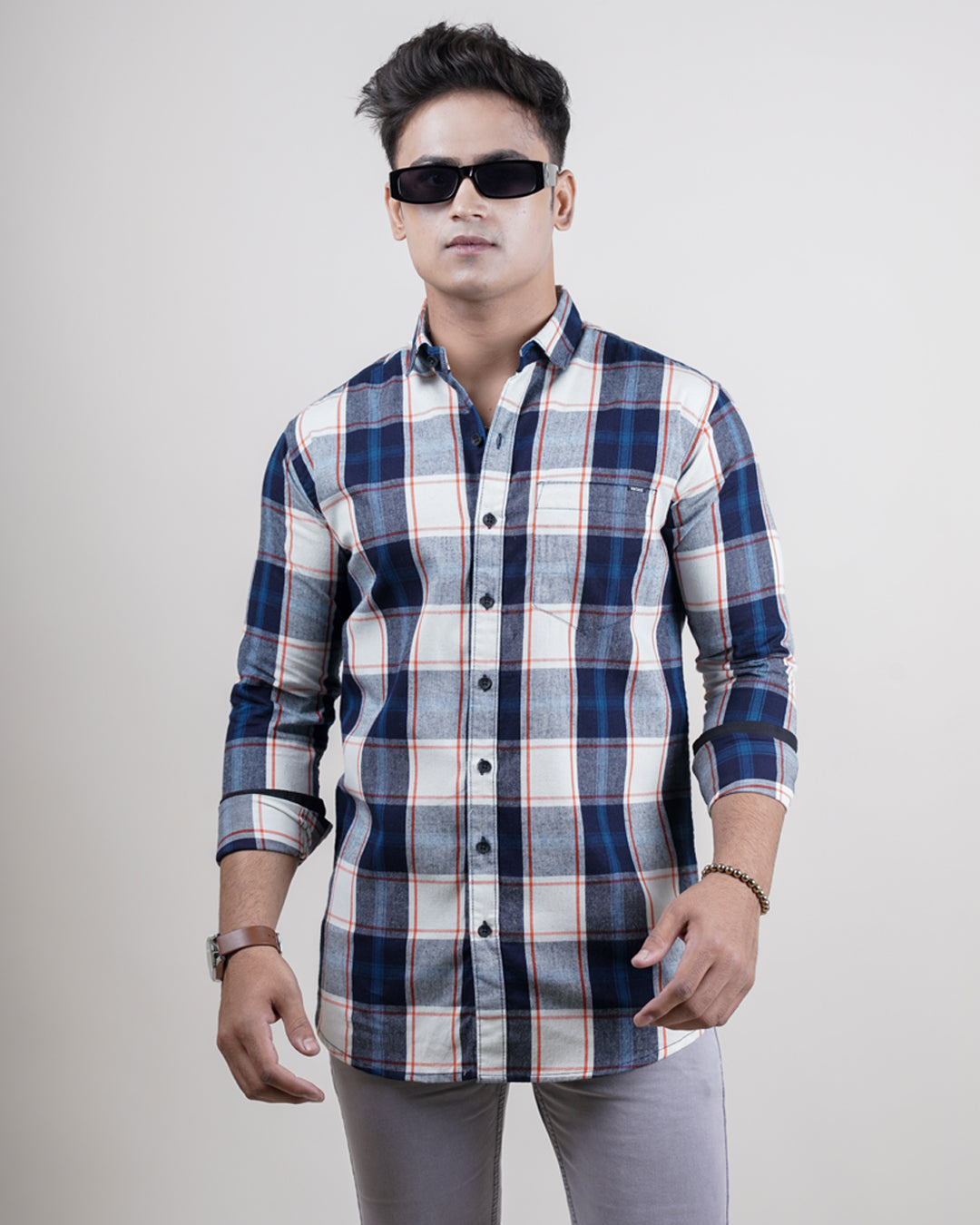 Blue-orange color color checks casual shirt shirt for casual wear.