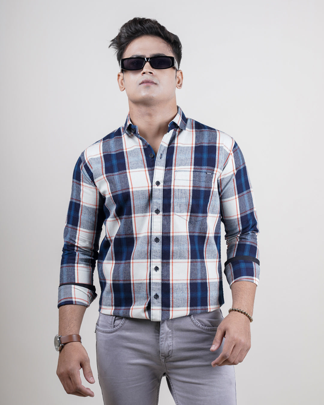 BLUE-ORANGE COLOR CHECKS CASUAL SHIRT