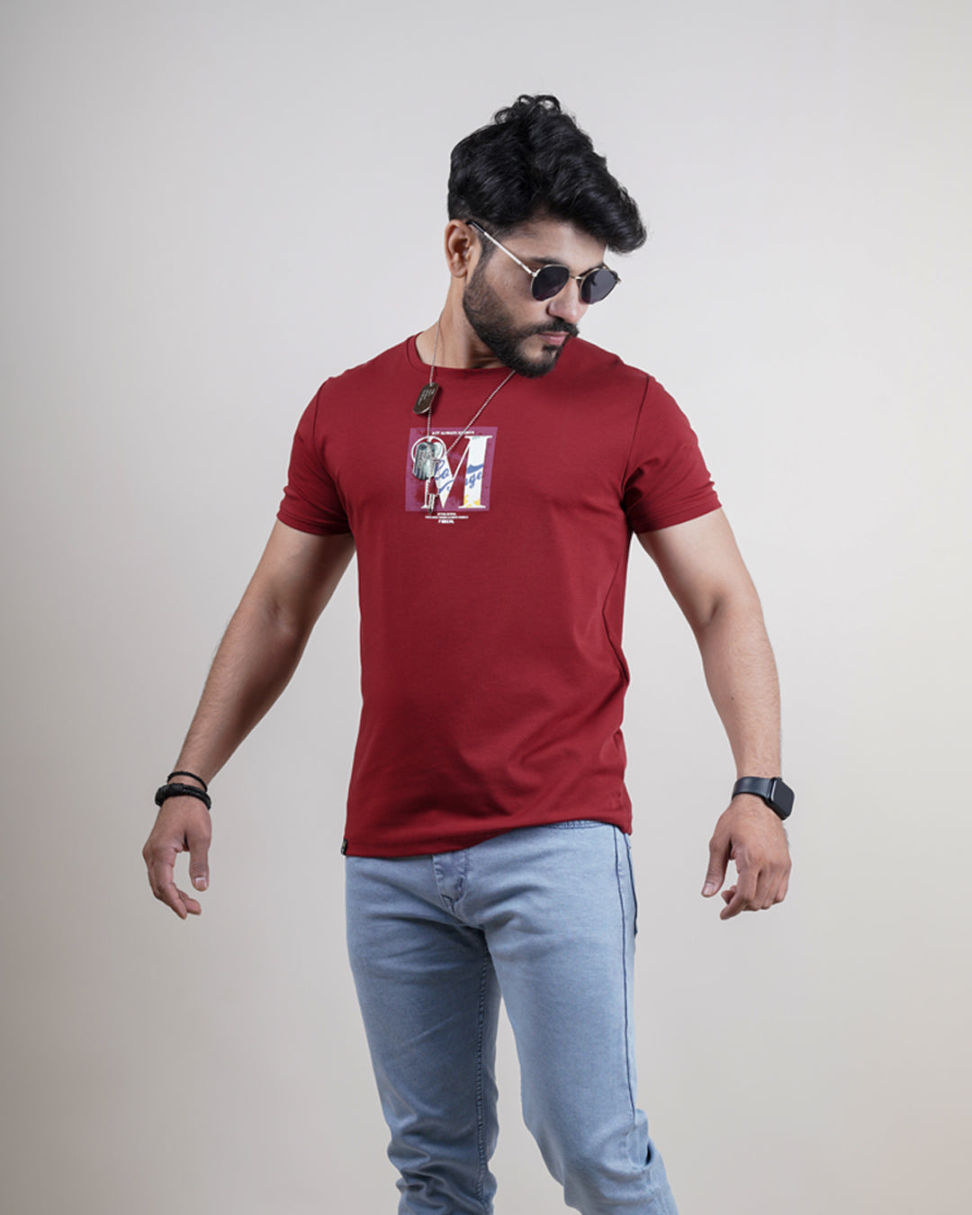 MAROON COLOR MATTER ROUND NECK T-SHIRT