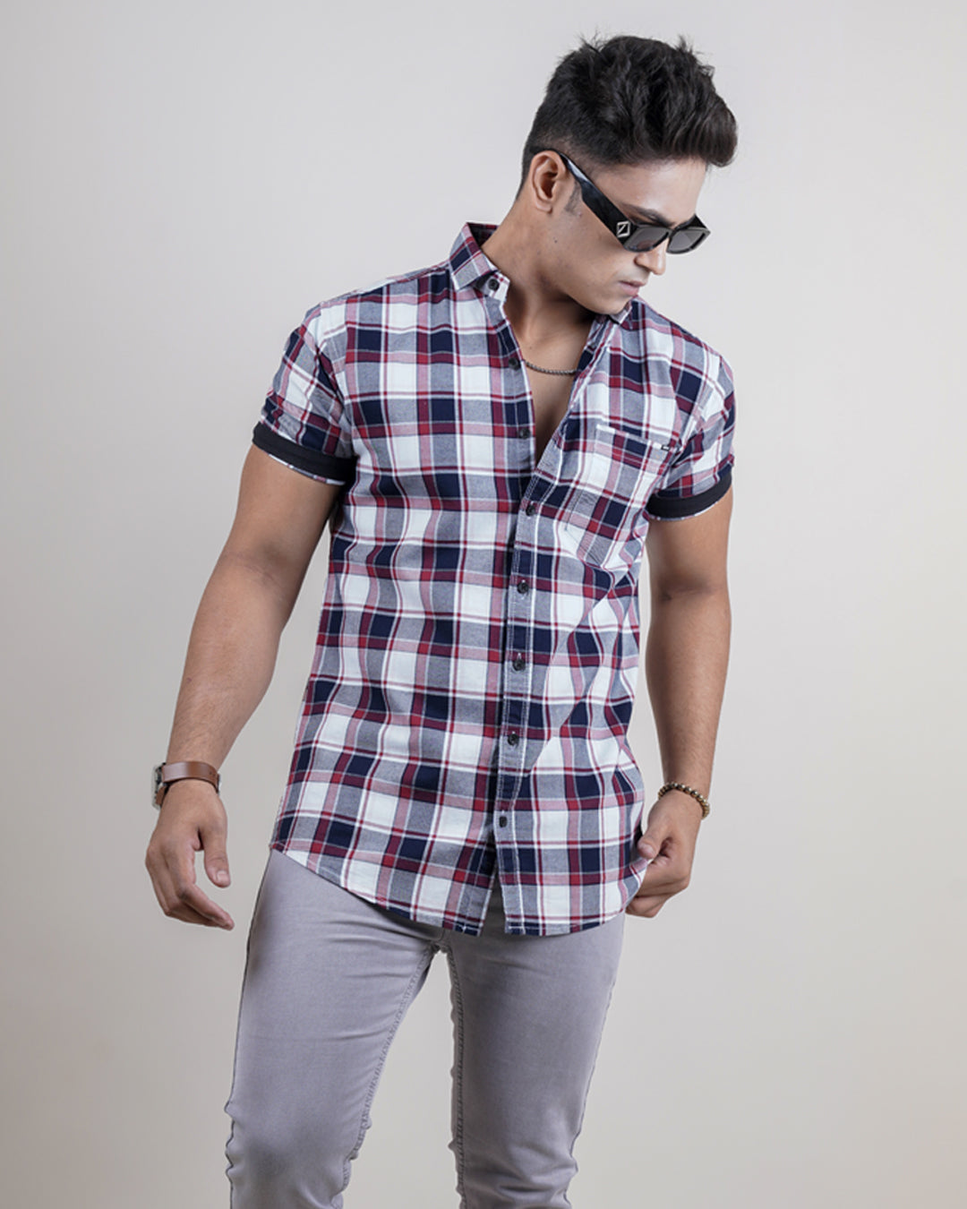 WHITE-RED COLOR HALF SLEEVE CHECKS CASUAL SHIRT