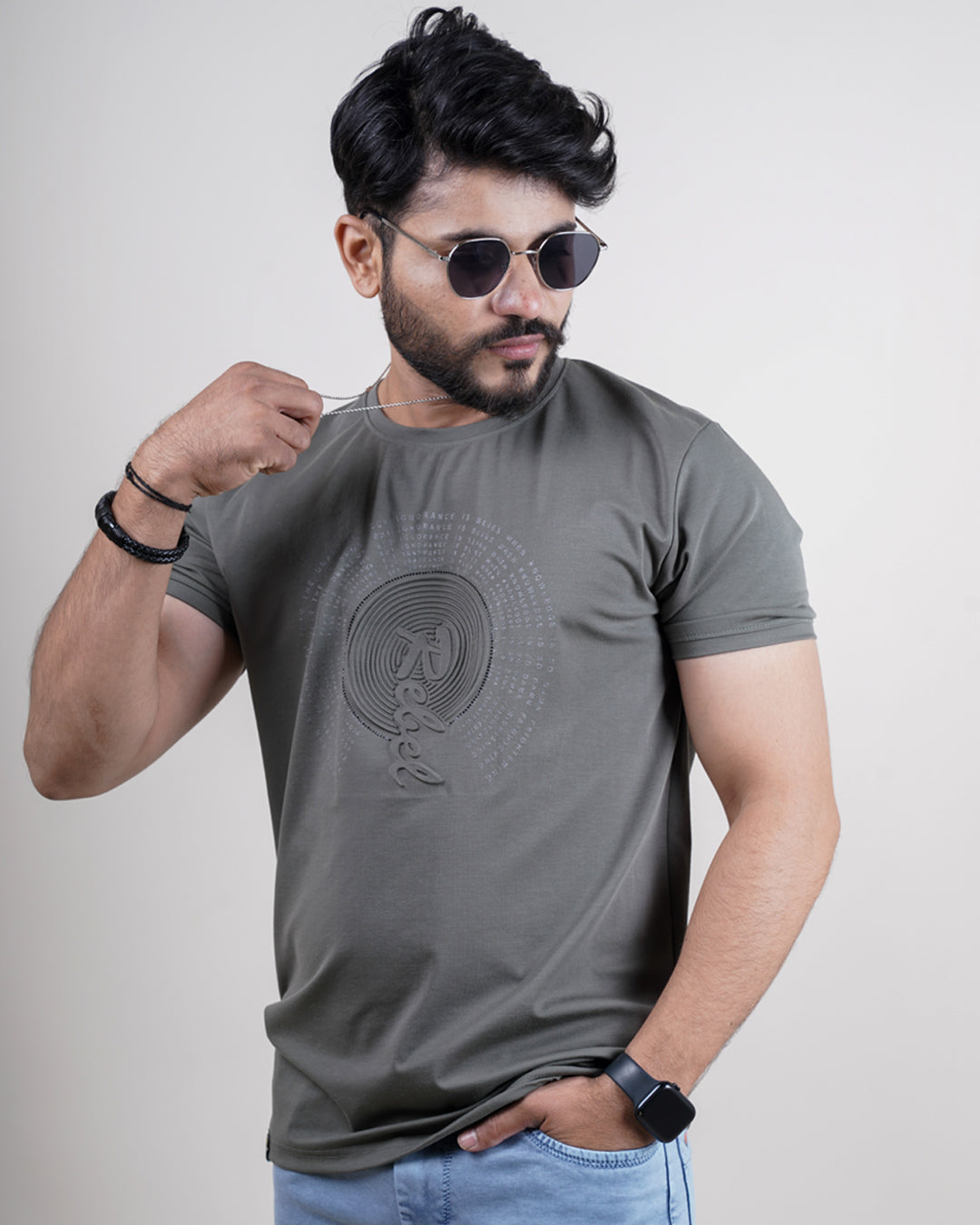 Olive matter round neck t-shirt for men