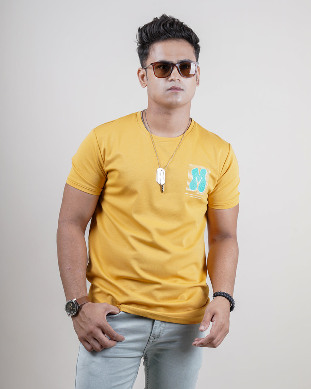 Mustard color printed round neck t-shirt for men