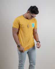 MUSTARD COLOR PRINTED ROUND NECK T-SHIRT