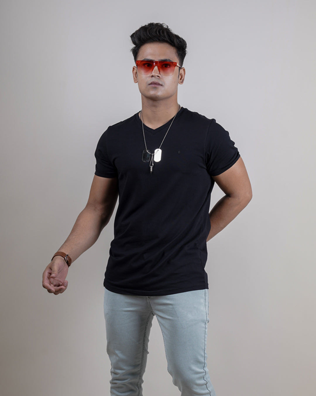 BLACK COLOR PLAIN V-NECK T-SHIRT