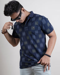 Navy blue printed collar t-shirt for men