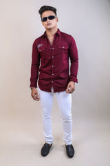 WINE COLOR  DENIM PLAIN CASUAL SHIRT