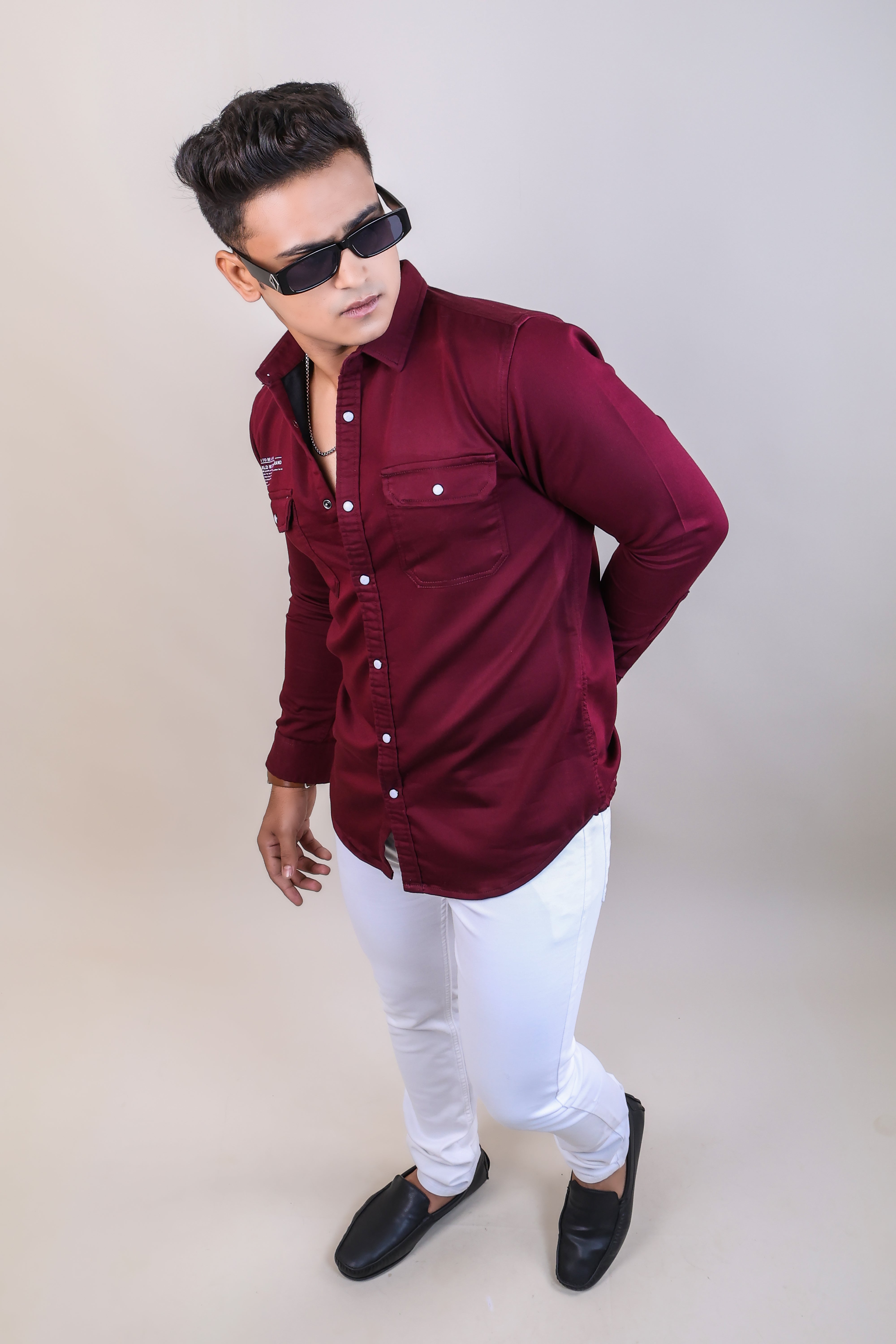 WINE COLOR  DENIM PLAIN CASUAL SHIRT