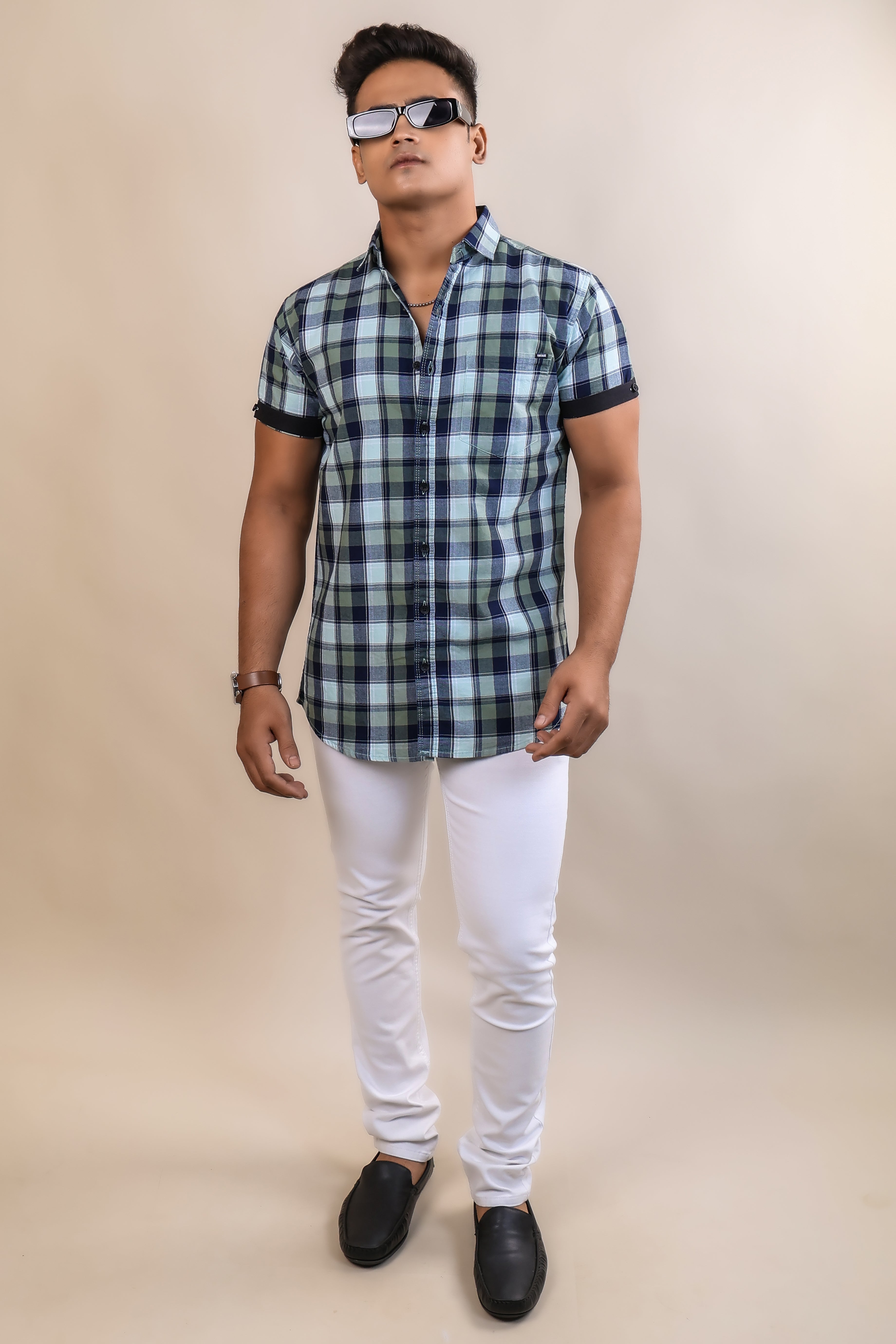 OLIVE COLOR CHECKS HALF SLEEVE CASUAL SHIRT