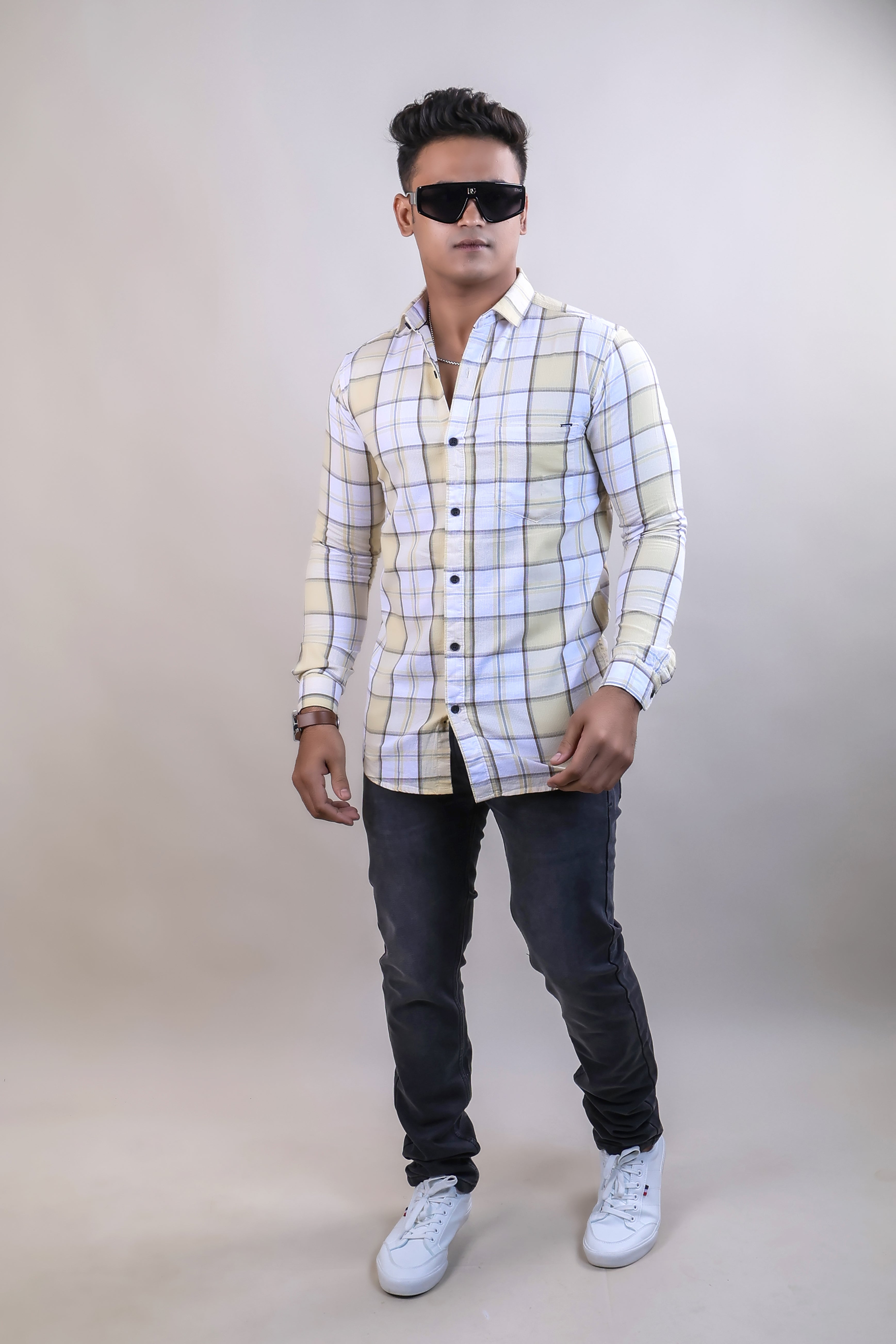 LEMON COLOR CHECKS CASUAL SHIRT