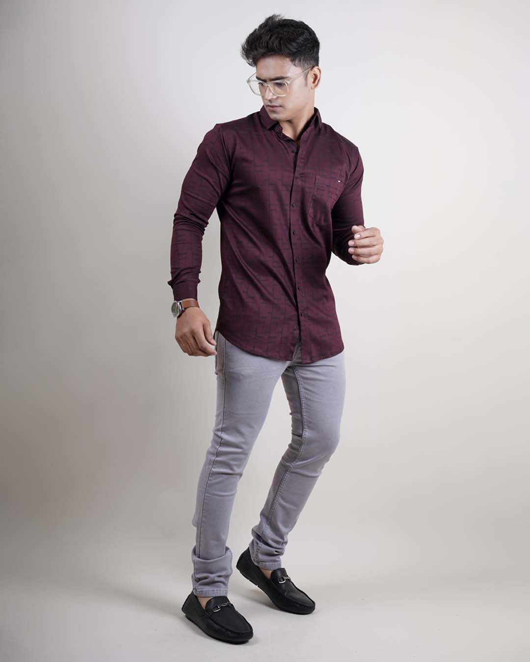 WINE COLOR PRINTED LYCRA CASUAL SHIRT