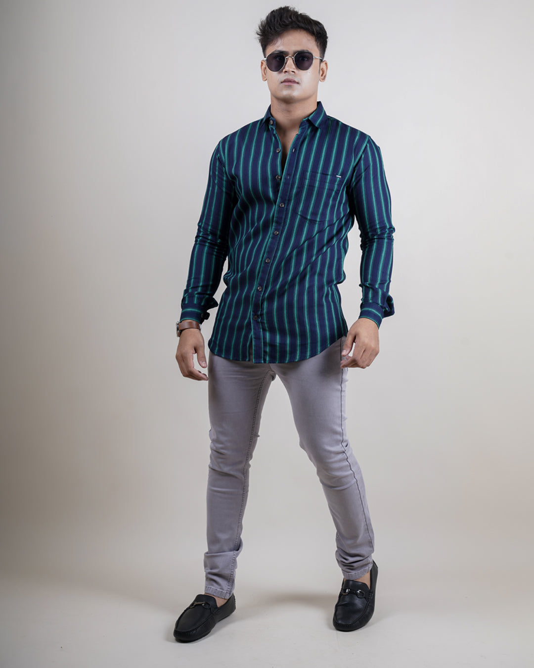 GREEN-BLUE COLOR LINING CASUAL SHIRT