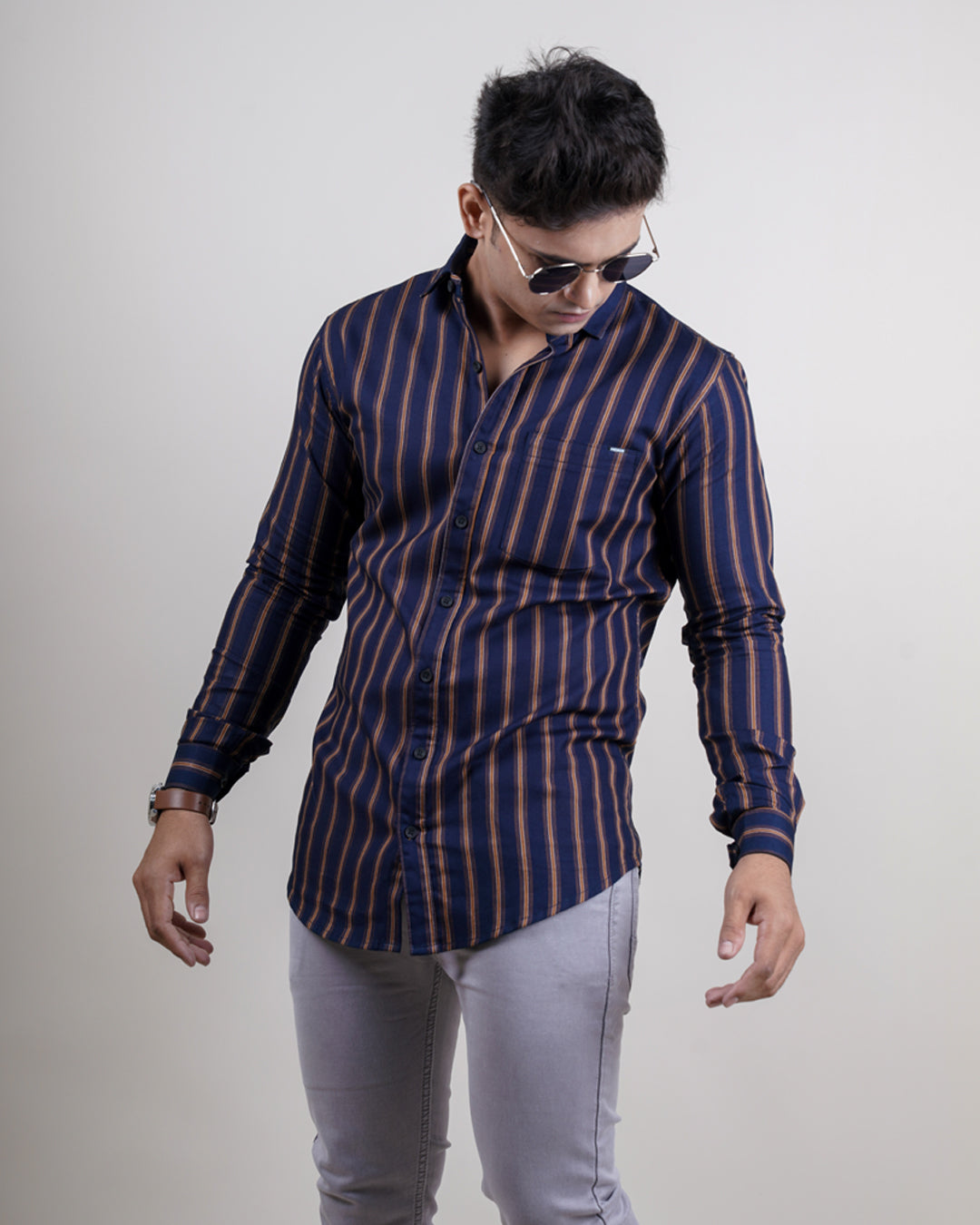 BROWN-BLUE COLOR LINING CASUAL SHIRT