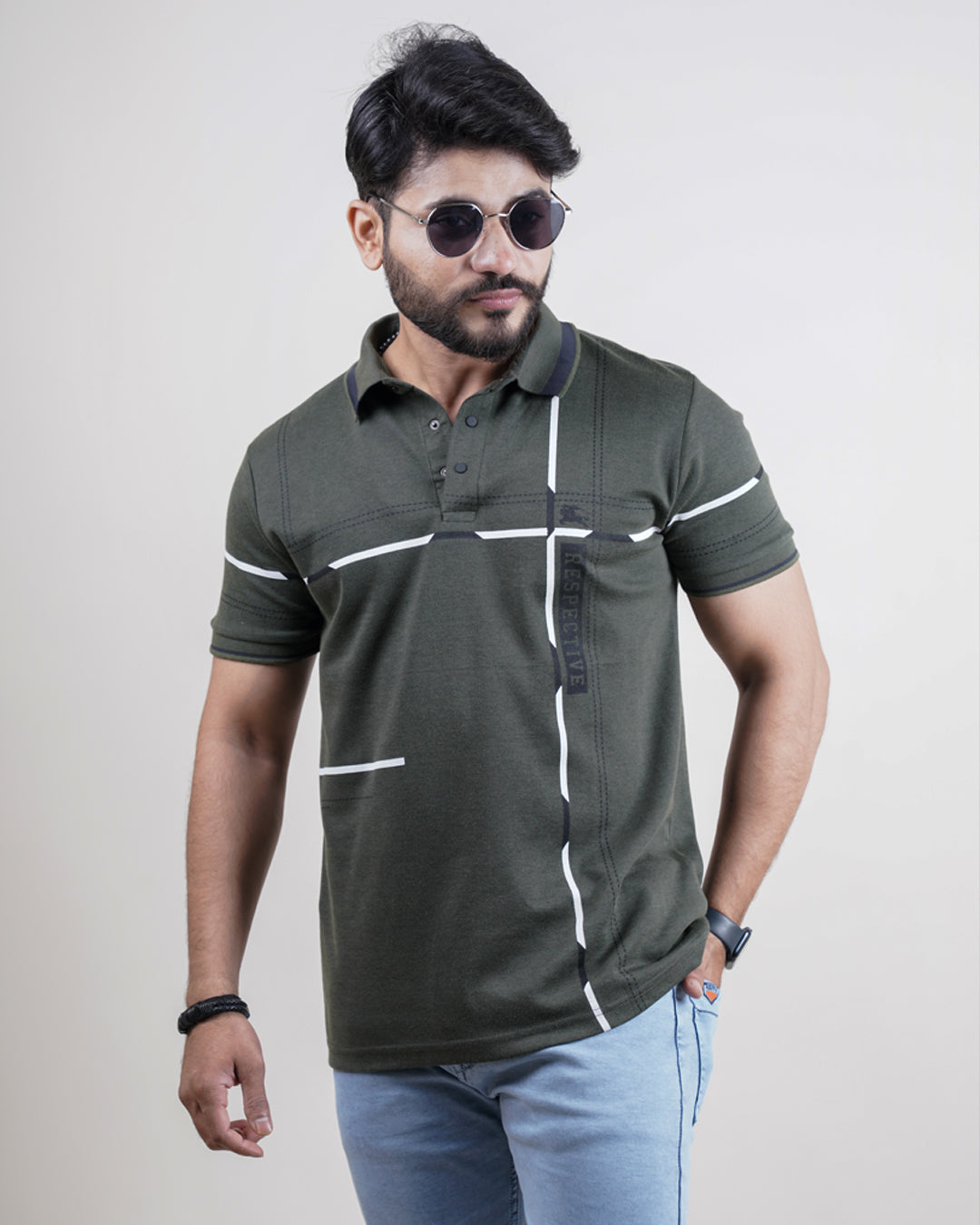 OLIVE COLOR MATTER COLLAR T-SHIRT