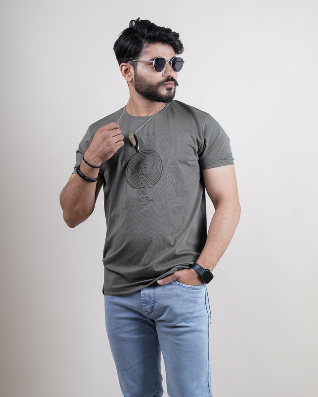 OLIVE COLOR MATTER ROUND NECK T-SHIRT