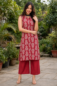 Women Onion & Maroon Ikat Printed Sleeveless Kurta & Plazo Coord Set SHALINI-285