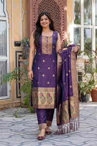 Women Purple Banarasi Silk Sleeveless Paithani Suit | Peacock Zari Work Straight Kurta Pant Dupatta Set ATL1001