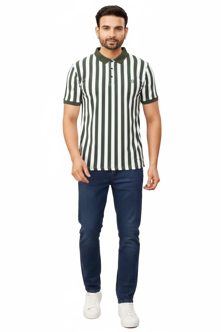 Men Green-White Vertical Striped Polo T-Shirt | Slim Fit 251181246
