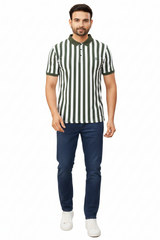 Men Green-White Vertical Striped Polo T-Shirt | Slim Fit 251181246