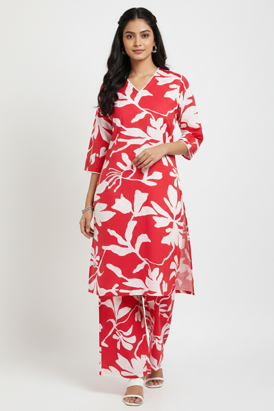 Women Red Floral V-Neck Coord set and Matching Plazo 251228643